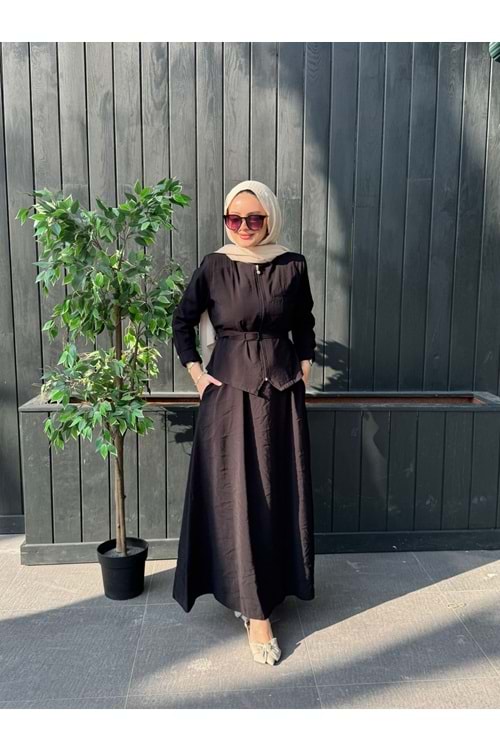 MODAL CUPRA KEMERLİ ELBİSE - SİYAH - XL