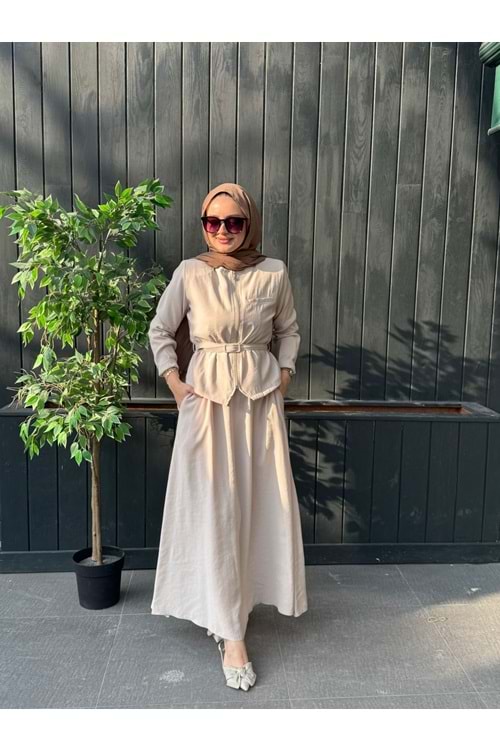 MODAL CUPRA KEMERLİ ELBİSE - TAŞ - XL