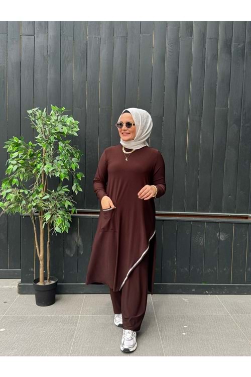 SİM GARNİ DETAYLI TAKIM - KAHVERENGİ - 1