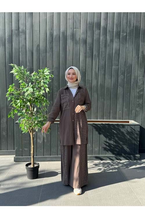 NAKIŞ KETEN TAKIM - KAHVERENGİ - 1