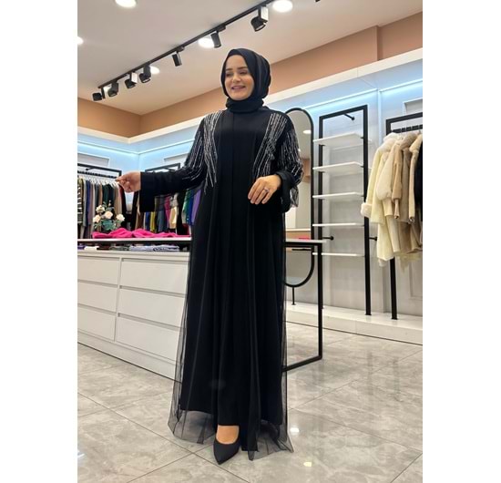TAŞ DETAYLI ABAYA - SİYAH - 1