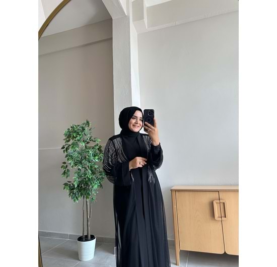 TAŞ DETAYLI ABAYA - SİYAH - 1