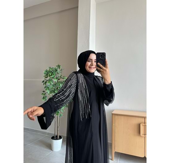 TAŞ DETAYLI ABAYA - SİYAH - 1