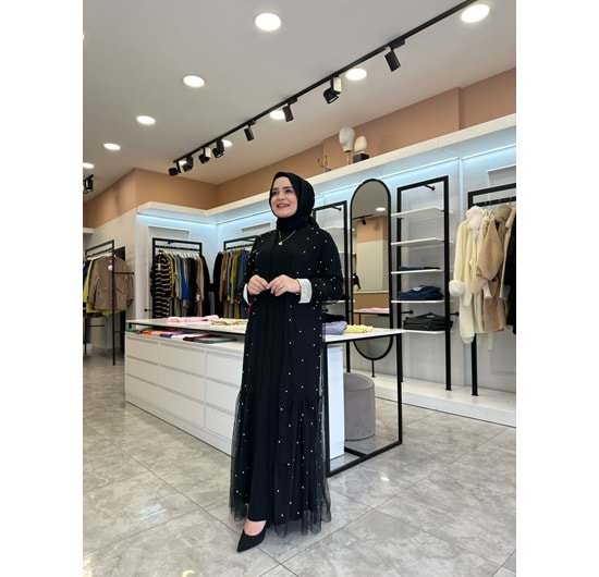 İNCİ DETAYLI TÜL ABAYA - SİYAH - 1