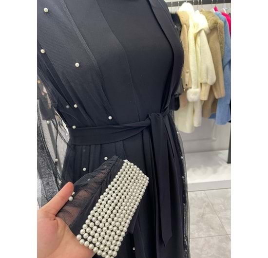 İNCİ DETAYLI TÜL ABAYA - SİYAH - 1