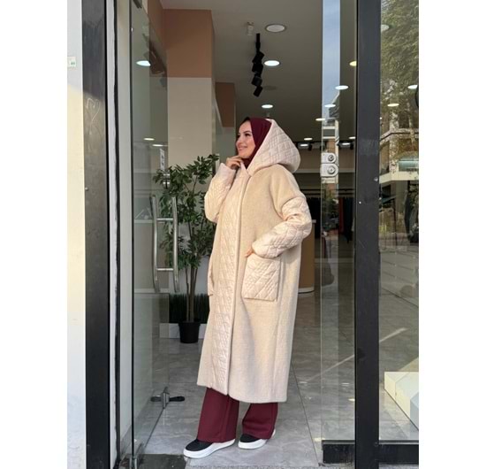 KAPÜŞONLU KAPİTONE ANGORA KABAN - KREM - 1