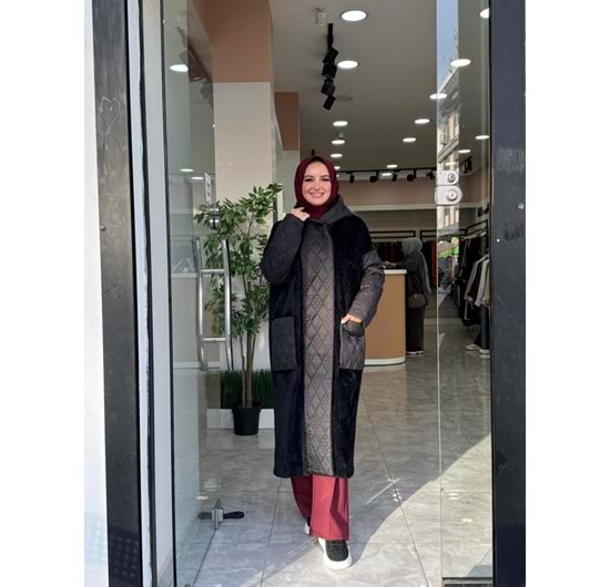 KAPÜŞONLU KAPİTONE ANGORA KABAN - SİYAH - 1