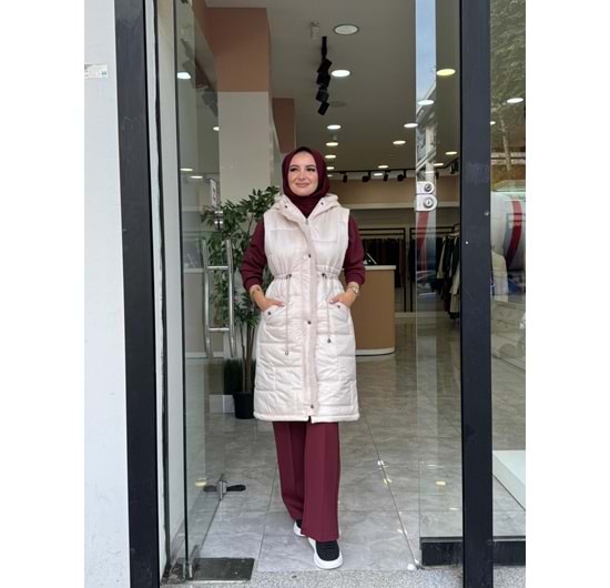 KOPÜŞONLU ARA BOY ŞİŞME YELEK - KREM - 38