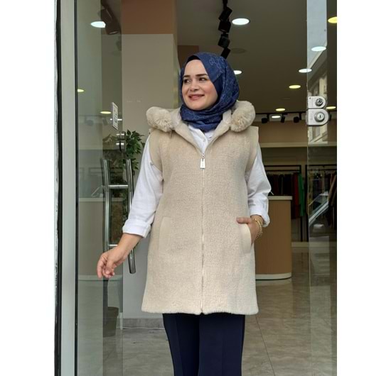 ANGORA KAPÜŞONLU YELEK - KREM - 1