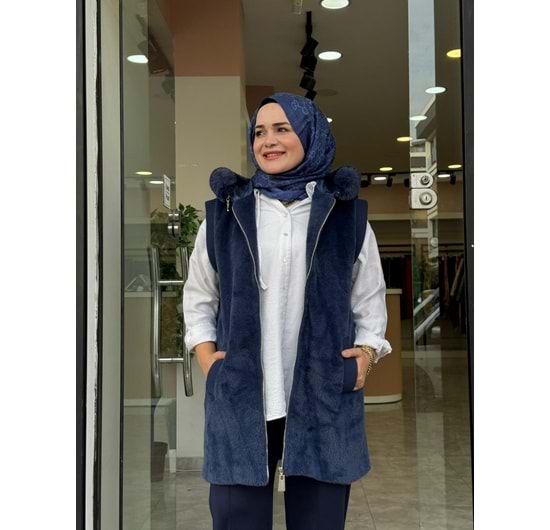 ANGORA KAPÜŞONLU YELEK - LACİVERT - 1