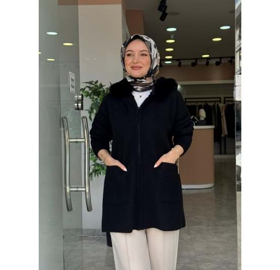 KAPÜŞONLU KÜRK HIRKA - SİYAH - STD