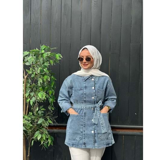 DÜZ KUŞAKLI KOT CEKET - MAVİ - L-XL