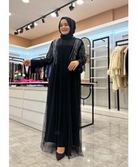 TAŞ DETAYLI ABAYA - SİYAH - 1