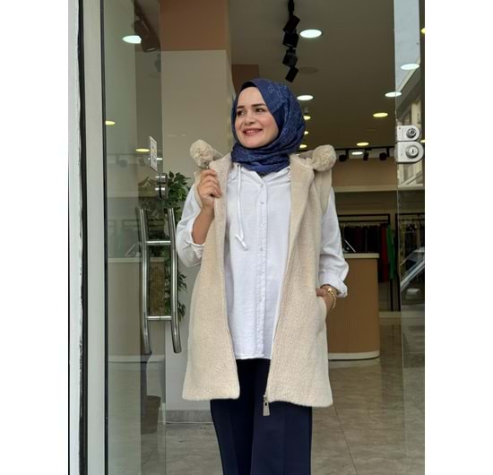 ANGORA KAPÜŞONLU YELEK - KREM - 1