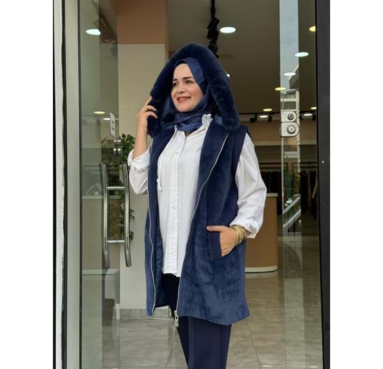ANGORA KAPÜŞONLU YELEK - LACİVERT - 1