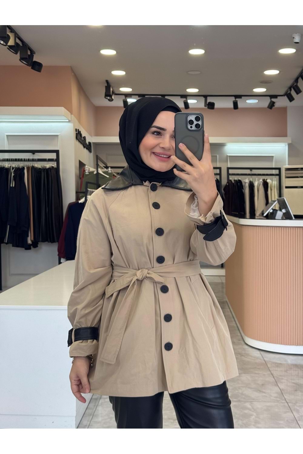 DERİ YAKA CEKET - KREM - 1